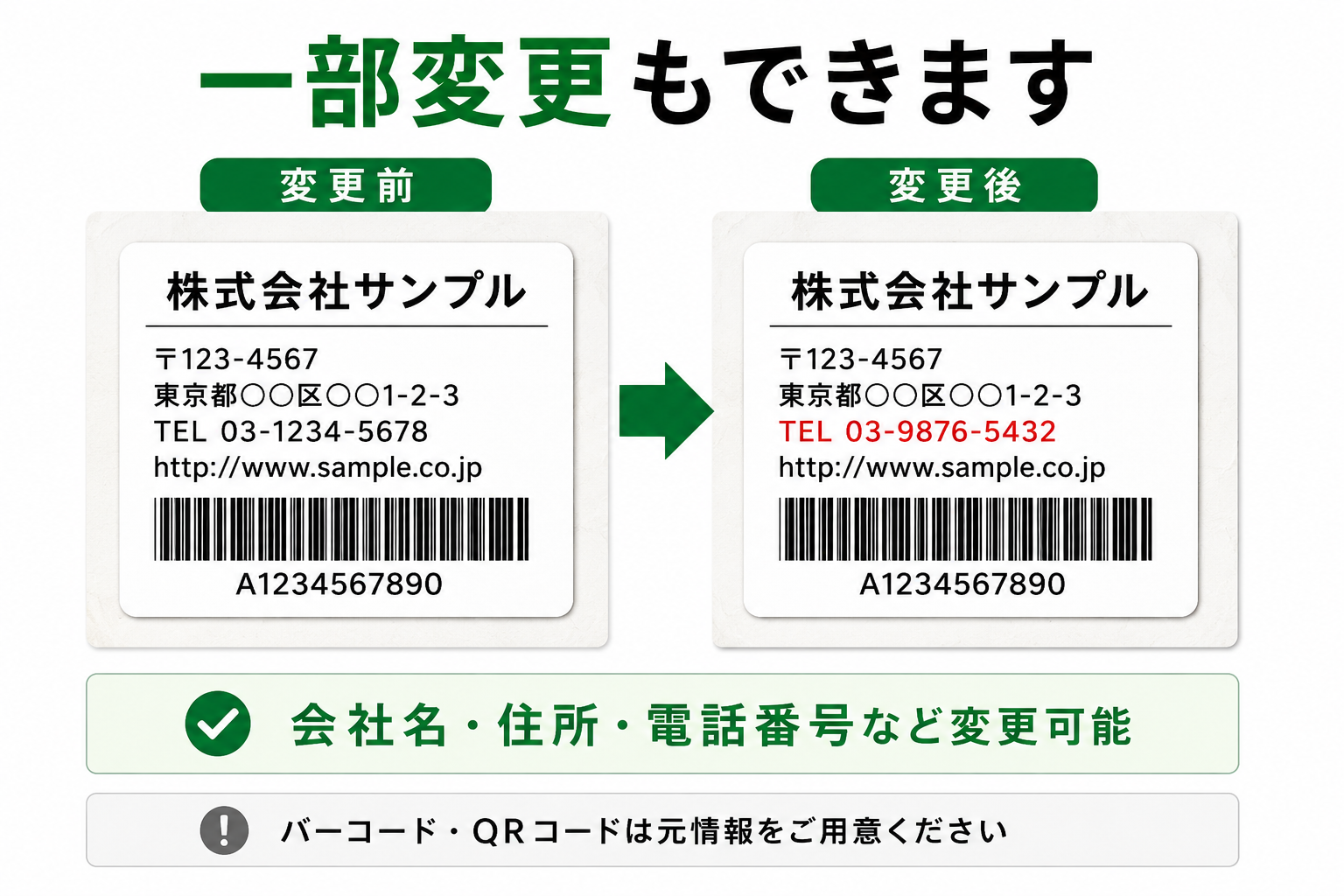 会社名や電話番号など一部変更にも対応