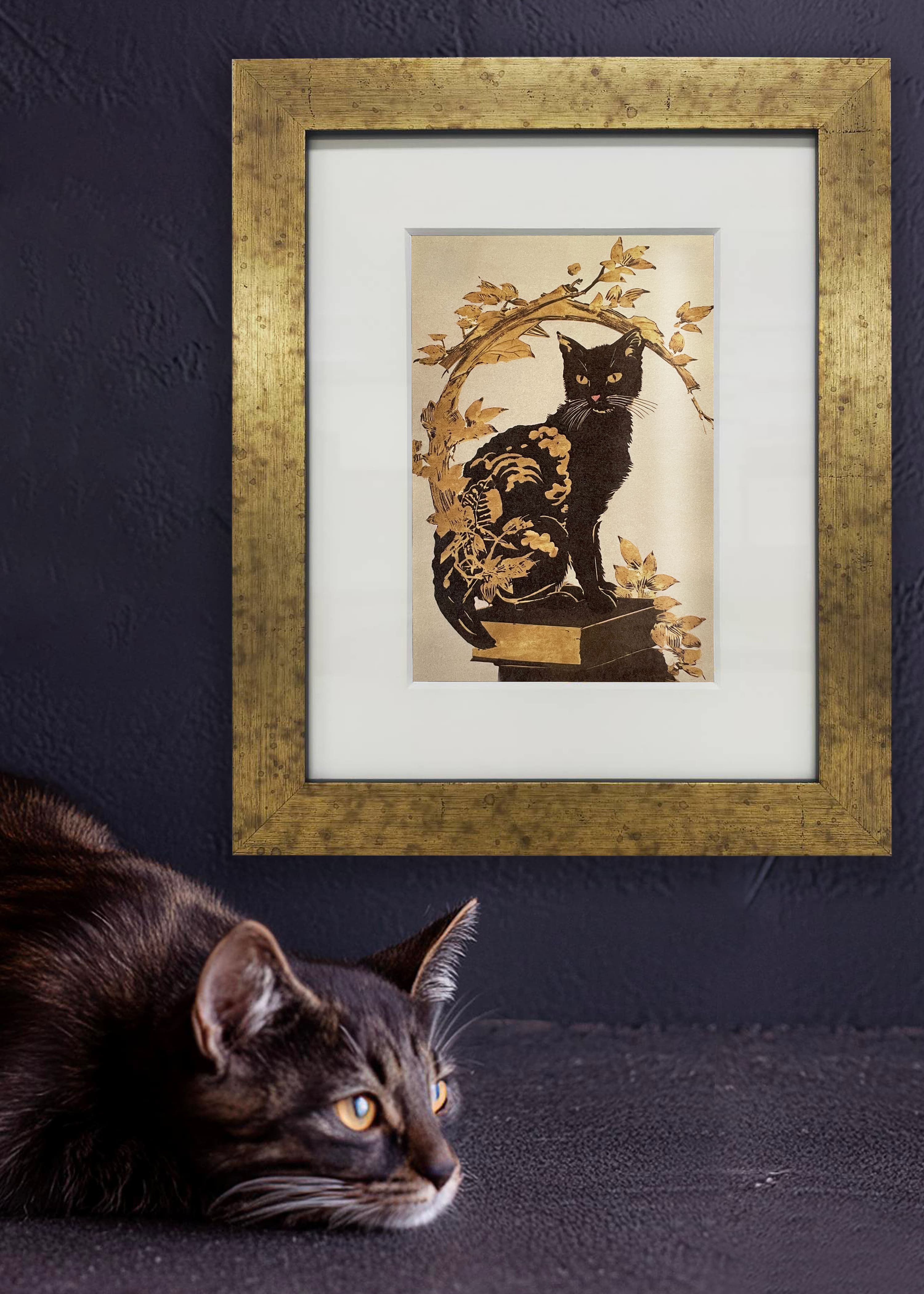Japanese paper x black cat 02 [inch frame] / Japanese painting