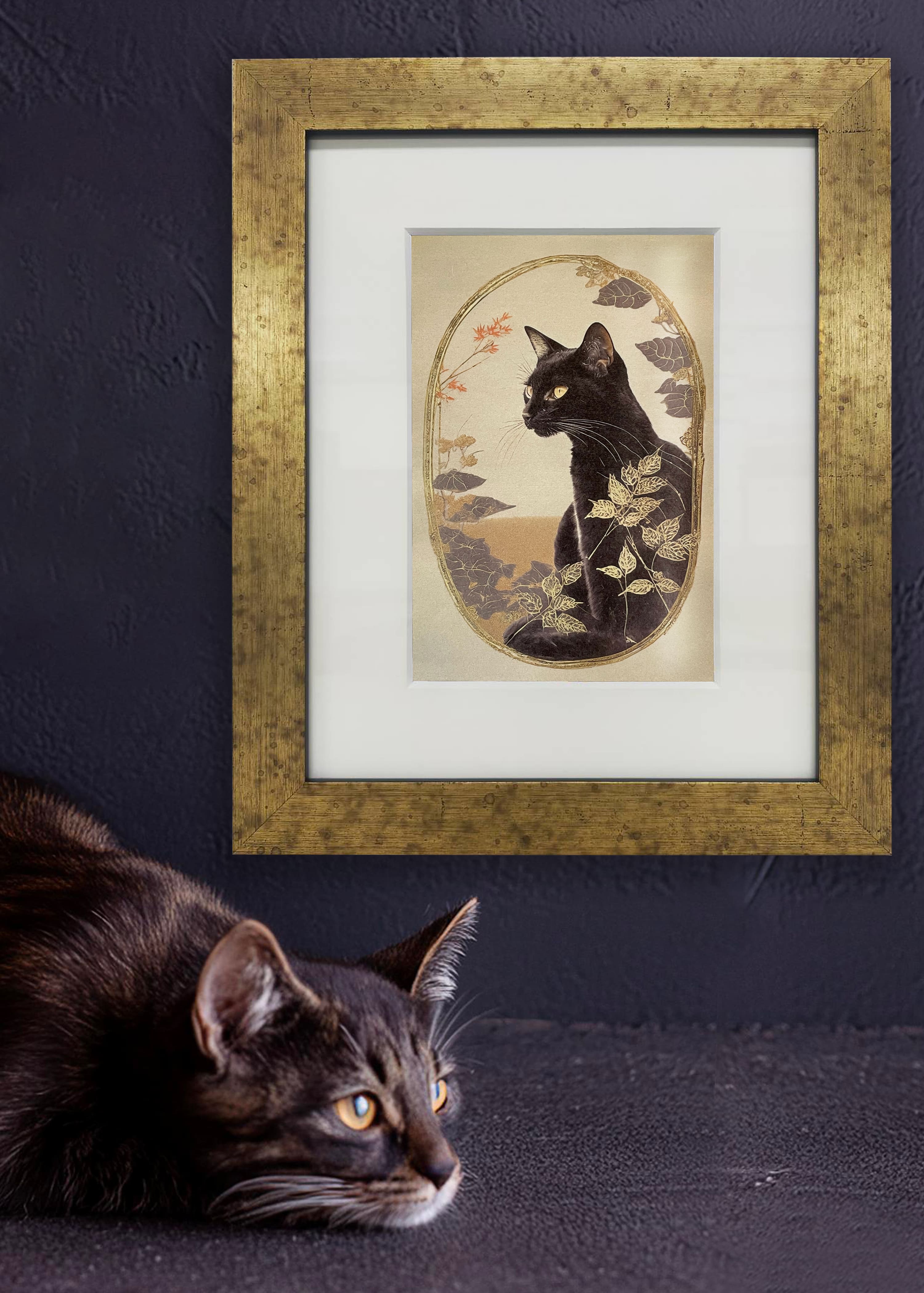 猫 原画 額装込み #02 Japanese paper x black cat 01 [inch frame 