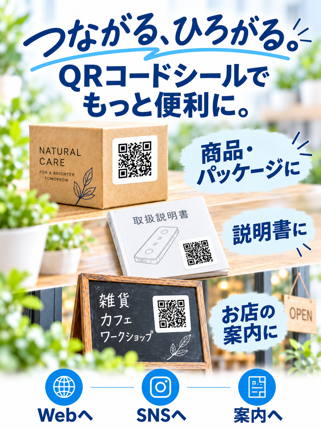 QRコードシールを使ってWebサイトなどへ案内するイメージ